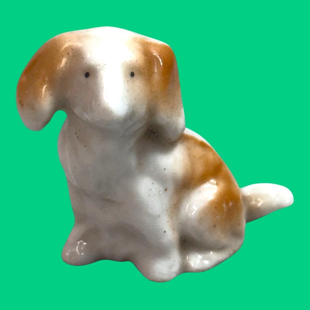 Vintage Porcelain White & Brown Dachshund Weiner Dog Miniature Figurine 1.5"